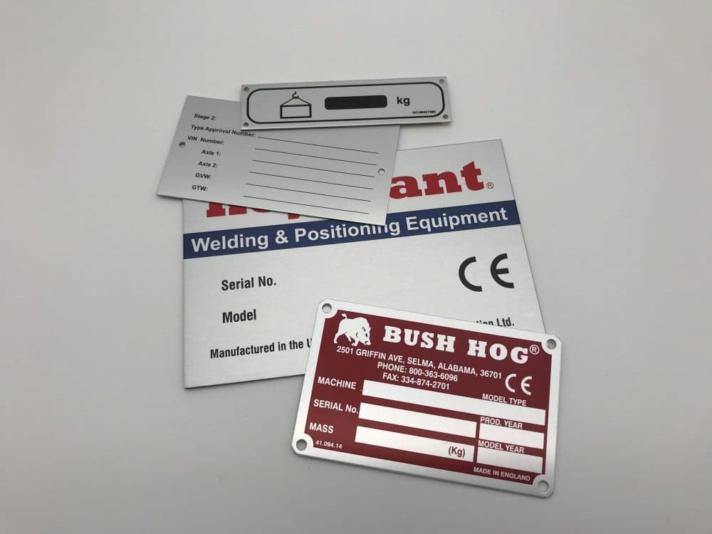 Brushed aluminum custom nameplates with printed logo