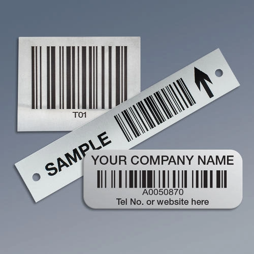 Engraved metal asset labels with serial numbers QR codes and tracking information