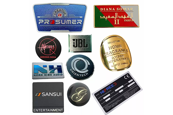 Embossed stainless steel nameplate with recessed border and polished surface - Himgo