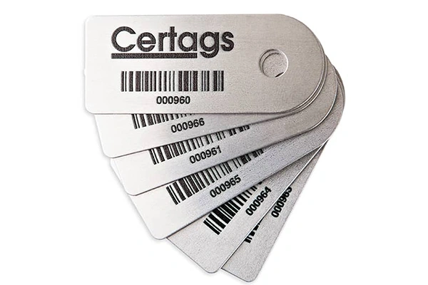 Industrial metal asset tags with serial numbers QR codes and inventory data