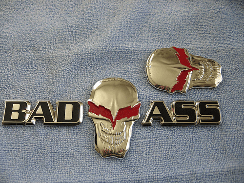 Small metallic model and series labels for automotive trim and vehicle branding